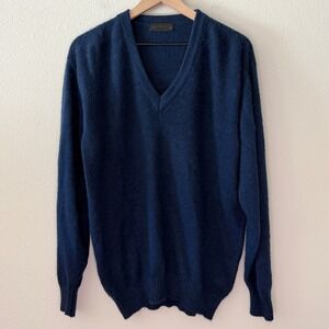 ALPACA Mens Navy Blue Alpaca Wool V Neck Pullover Sweater Size L Grandpa Classic
